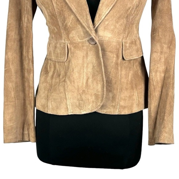 ANN TAYLOR LOFT SUEDE LEATHER TAN RETRO SINGLE BUTTON COLLARED BLAZER JACKET - Picture 8 of 13